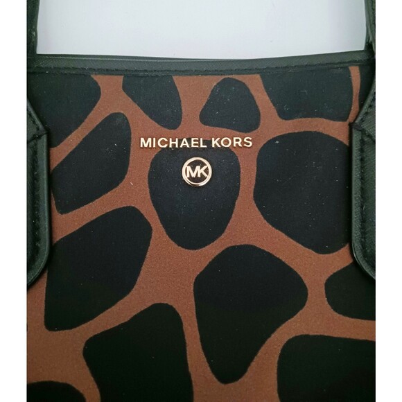 Michael Kors Eva Tote Brown Black Animal Print Nylon Blk Leather Trim - Picture 2 of 11